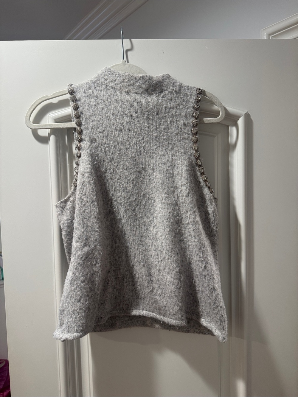 Gray Sleeveless Knit Sweater Tank with Beaded Trim